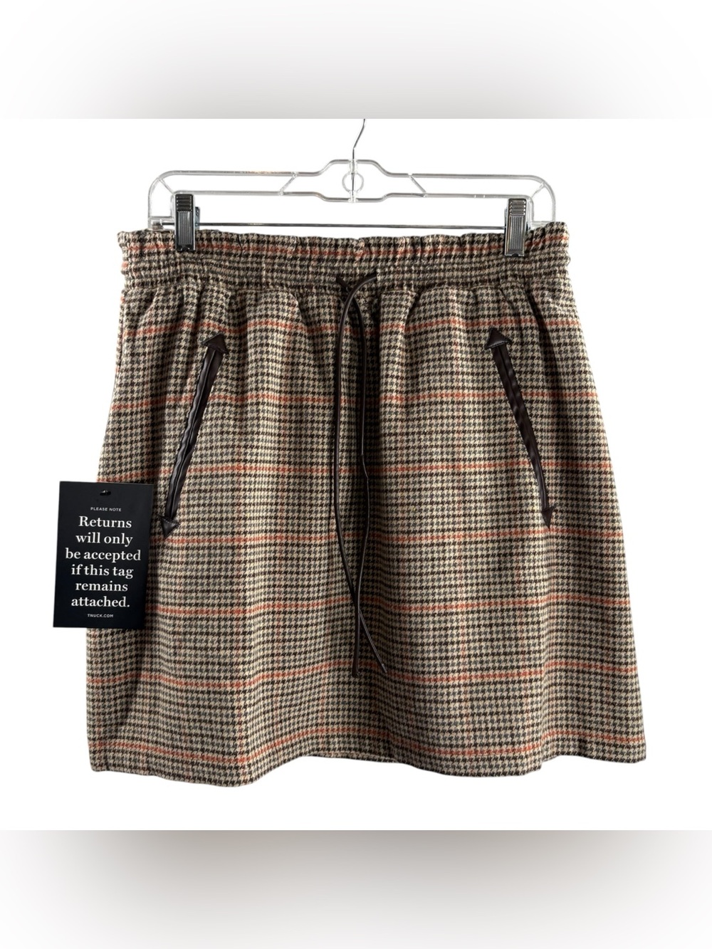 POMANDER PLACE TAN/BROWN HOUNDSTOOTH MINI DRAWSTRING POLYESTER SKIRT $128